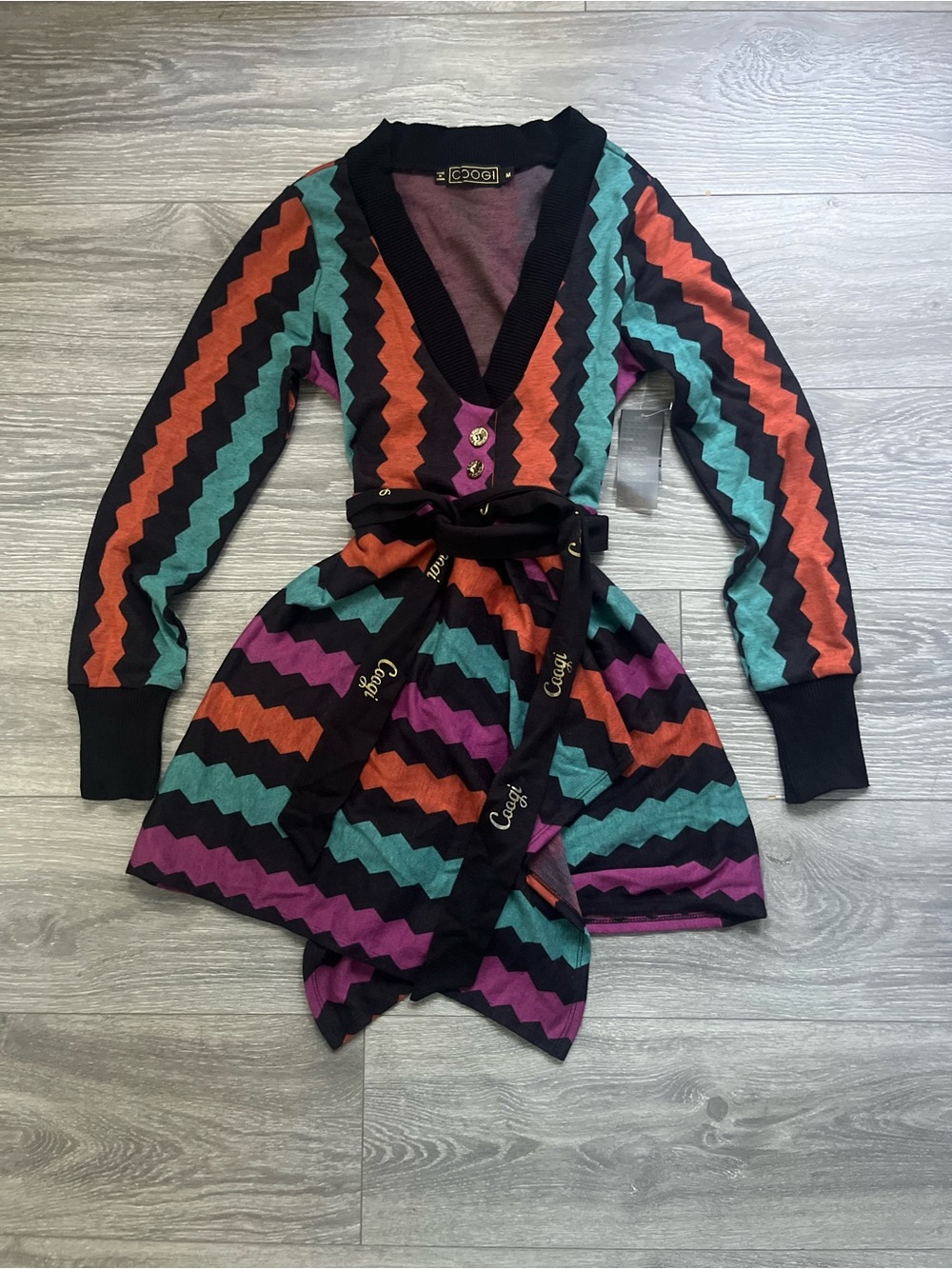 NEW COOGI Purple Green Zig Zap Pattern Logo Belt Faux Wrap Sweater Dress Size M